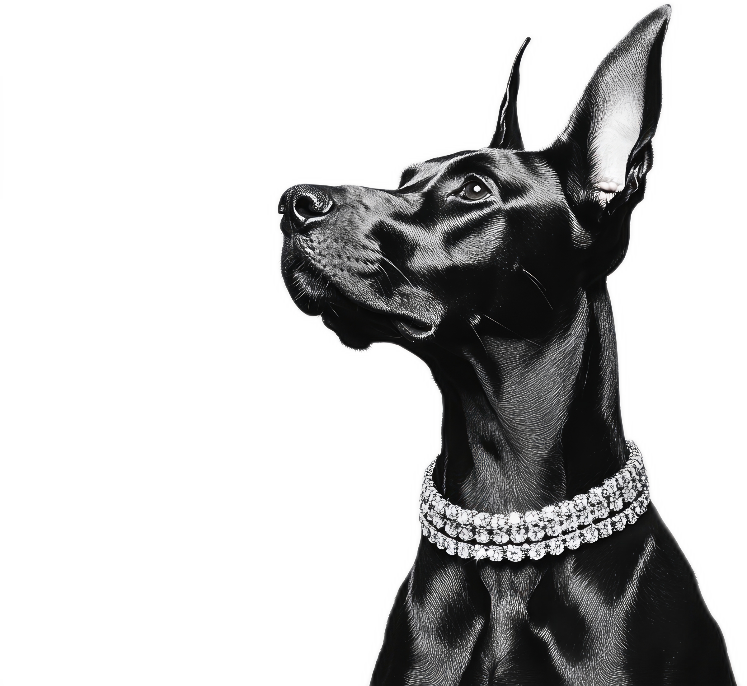 A black Doberman wearing a diamond collar, looking up.